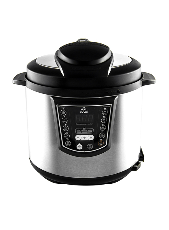 Evvoli 6L 9-in-1 Multi-Use Programmable Pressure Cooker with Digital LED Display, 1000W, EVKA-PC6009B, Black/Silver
