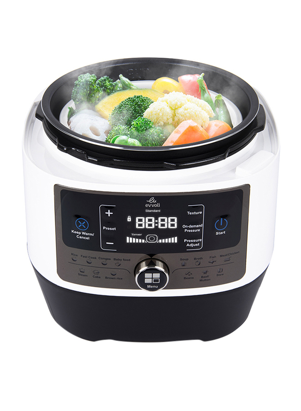 Evvoli 5 Ltr 14-in-1 Multi-Use Programmable Pressure Cooker, 900W, EVKA-PC5014B, White/Black