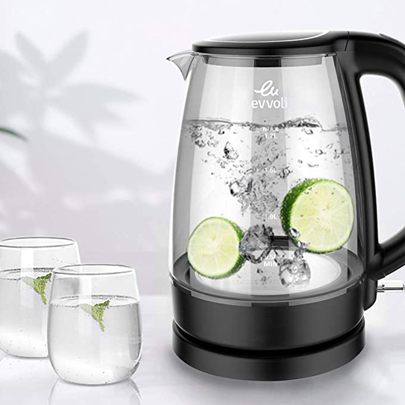 Evvoli 1.7L Electric Glass Kettle, 1850W, EVKA-KE17MB, Clear/Black
