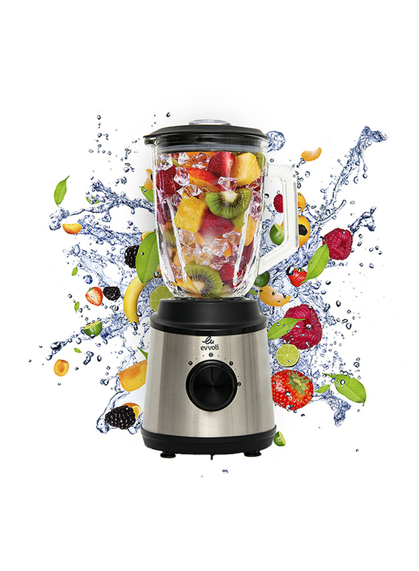 Evvoli 1.5L 2 Speed Blender with Glass Jar, 800W, EVKA-BL15MB, Silver/Black