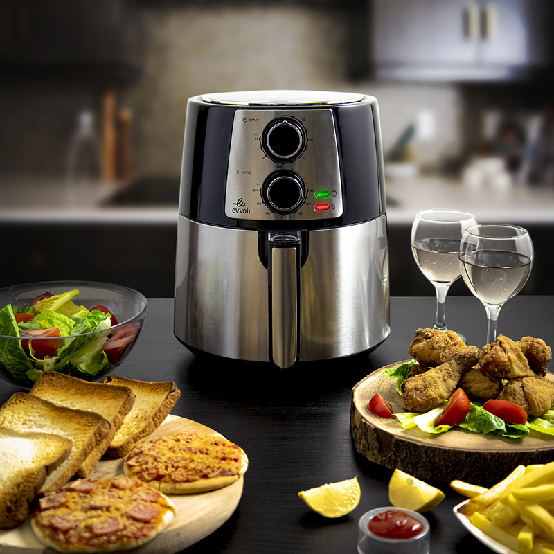 Evvoli 3.5L Timer and Adjustable Temperature Control Air Fryer, 1400W, EVKA-AF3501B, Black/Silver