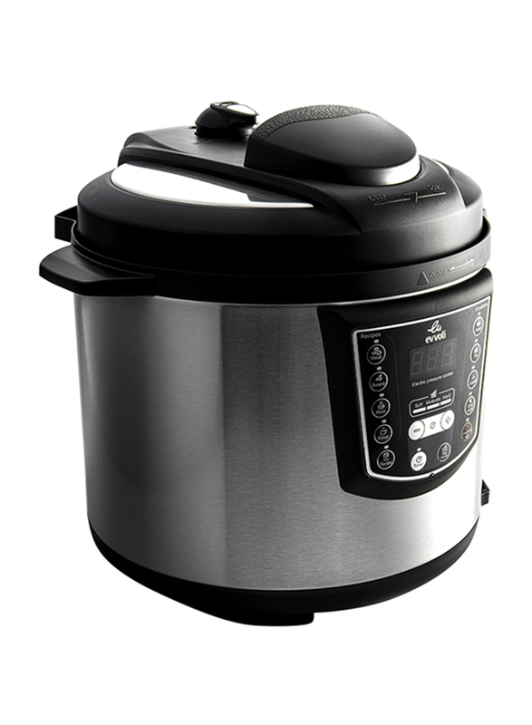 Evvoli 6L 9-in-1 Multi-Use Programmable Pressure Cooker with Digital LED Display, 1000W, EVKA-PC6009B, Black/Silver