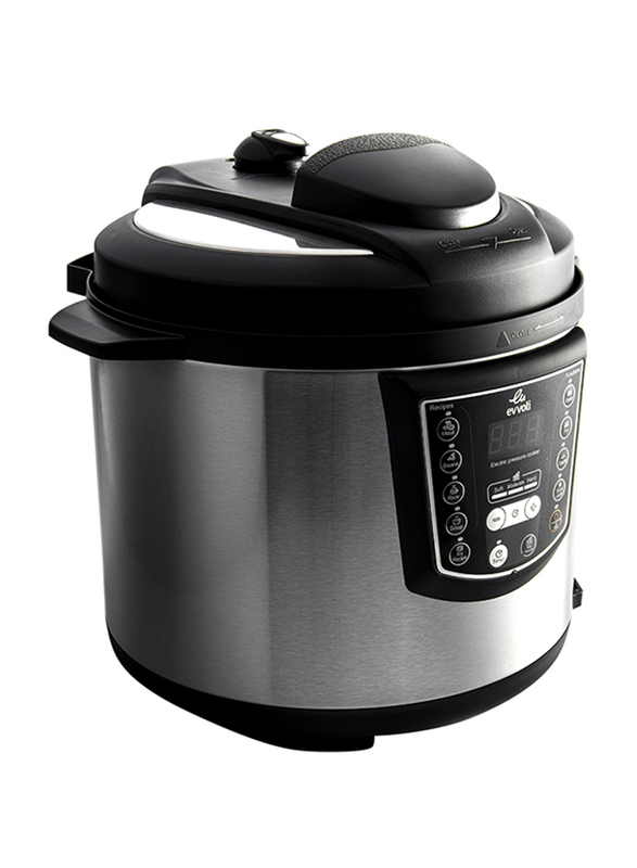 Evvoli 6L 9-in-1 Multi-Use Programmable Pressure Cooker with Digital LED Display, 1000W, EVKA-PC6009B, Black/Silver