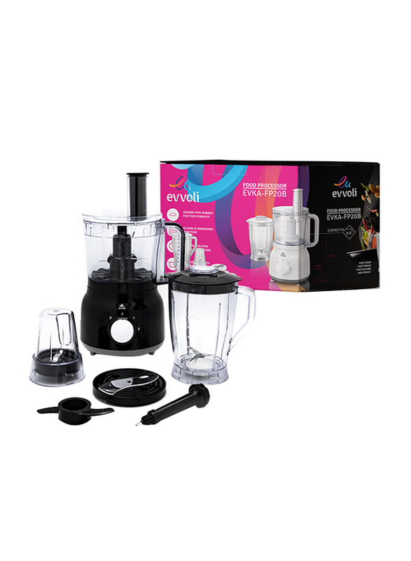 Evvoli 2L Food Processor with Blender & Grinder Different Functions, 600W, EVKA-FP20B, Black