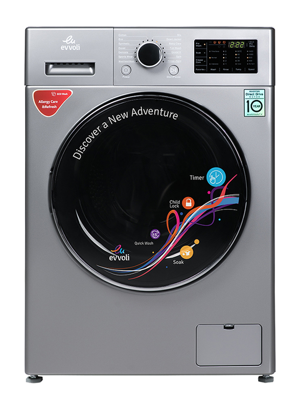 

Evvoli 8 kg Front Load Washing Machine, EVWM-FDDM-814S, Silver