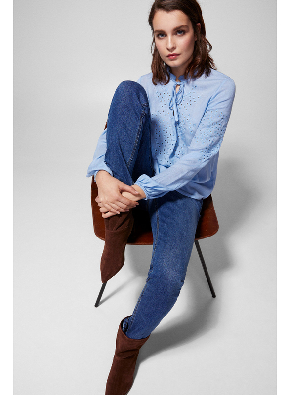 Springfield Plain Long Sleeve Round Neck Blouse for Women, 40 EU, Medium Blue