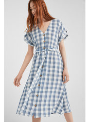Springfield Check Pattern Knitted Midi Dress, 42 EU, Light Grey/White