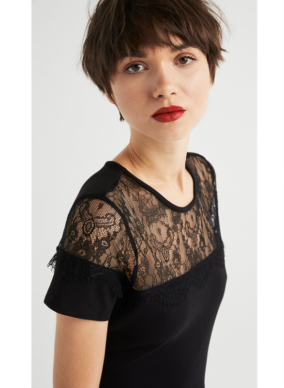 Springfield Lace Detail Short Sleeve Woven Mini Dress, Medium, Black