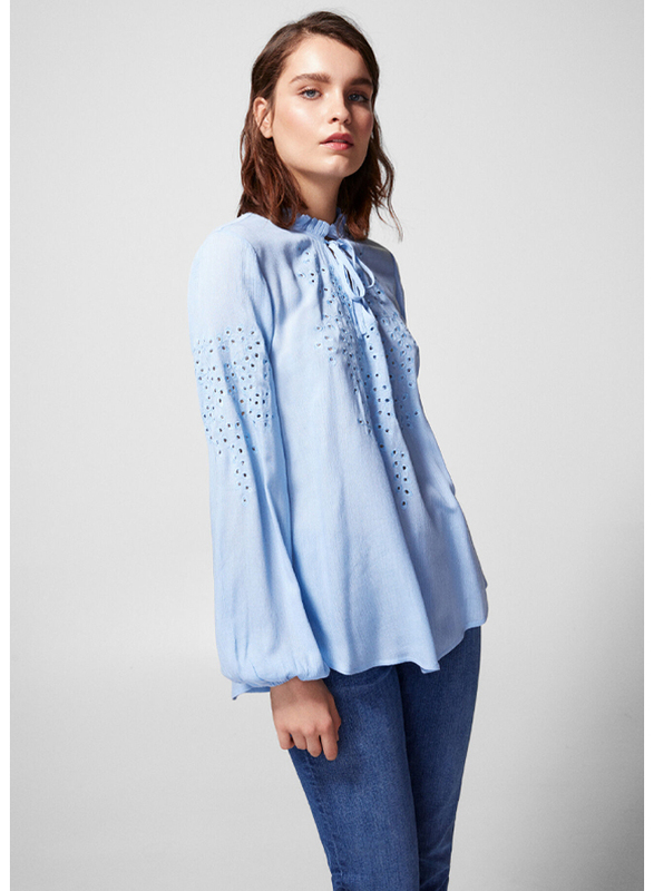 Springfield Plain Long Sleeve Round Neck Blouse for Women, 40 EU, Medium Blue