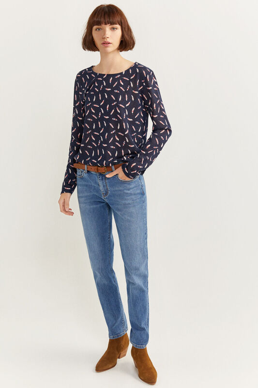 Springfield Long Sleeve Feather Printed T-Shirt for Women, Small, Blue