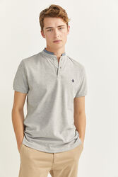 Springfield Short Sleeve Slim Fit Chambray Mandarin Collar Embroidered Logo Polo Shirt for Men, Small, Grey