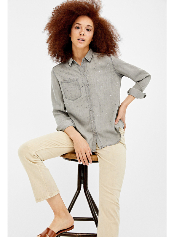 Springfield Plain Long Sleeve Collared Blouse for Women, 36 EU, Dark Grey