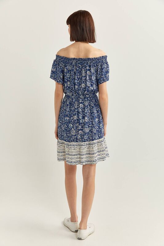 Springfield Off Shoulder Sleeve Floral Border Print Mini Dress, 38 EU, Blue