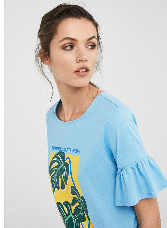 Springfield Short Sleeve Fancy Round Neck T-Shirt for Women, Medium, Medium Blue