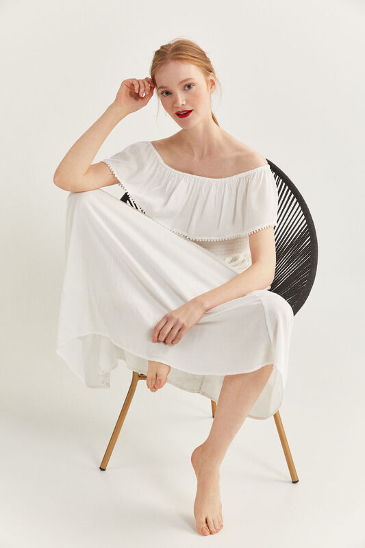 Springfield Off Shoulder Sleeve Flounced Cheesecloth Maxi Dress, 44 EU, White