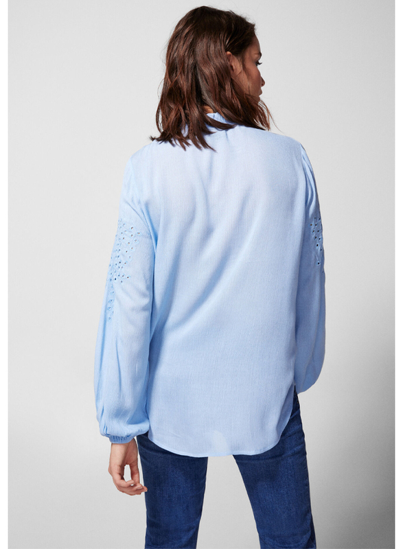 Springfield Plain Long Sleeve Round Neck Blouse for Women, 40 EU, Medium Blue