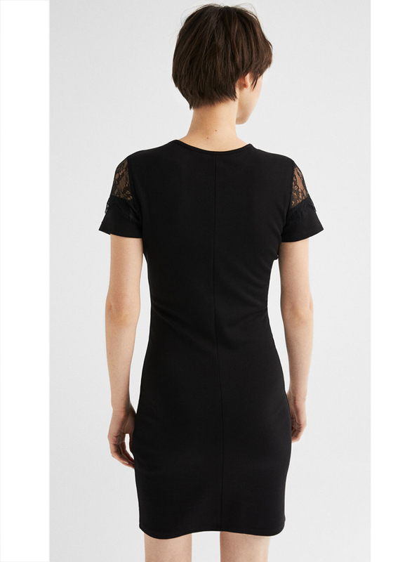 Springfield Lace Detail Short Sleeve Woven Mini Dress, Medium, Black