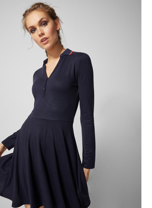 Springfield Fringe Detail Collar Woven Mini Dress, Small, Navy Blue