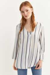 Springfield Long Sleeve V-Neck Striped Blouse for Women, 34 EU, Navy Blue