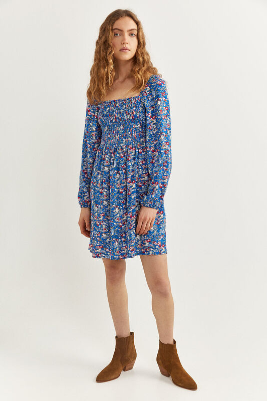 Springfield Long Sleeve Smock Mini Dress, 44 EU, Medium Blue
