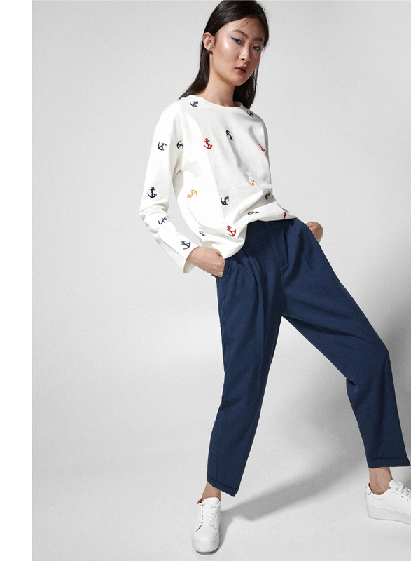 Springfield Cotton Fancy Pant for Women, 38 EU, Navy Blue