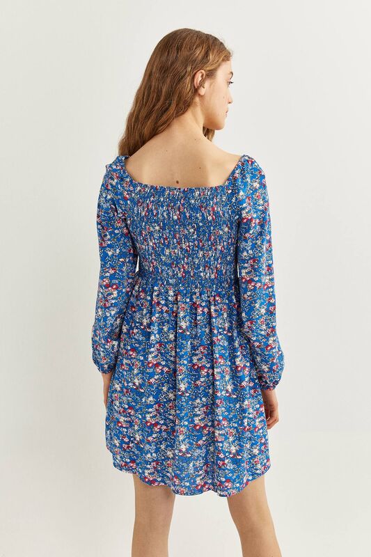 Springfield Long Sleeve Smock Mini Dress, 44 EU, Medium Blue
