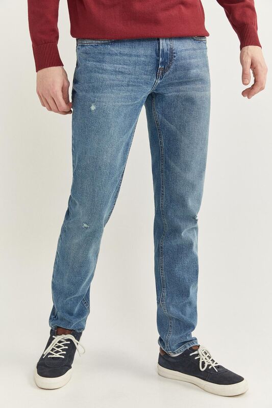 Springfield Slim Fit Medium Wash Ripped Denim Jeans for Men, 36 EU, Medium Blue