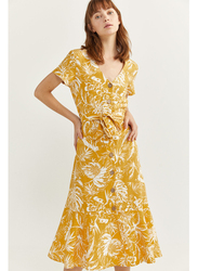 Springfield Leaf Printed Knitted Midi Dress, 42 EU, Yellow
