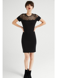 Springfield Lace Detail Short Sleeve Woven Mini Dress, Medium, Black