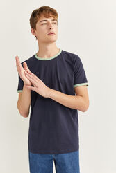 Springfield Short Sleeve Contrast Collar T-Shirt for Men, Large, Navy Blue