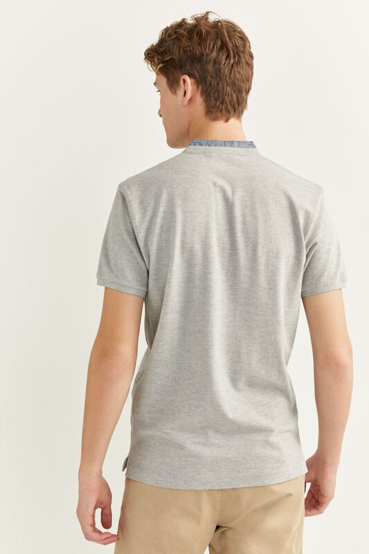 Springfield Short Sleeve Slim Fit Chambray Mandarin Collar Embroidered Logo Polo Shirt for Men, Small, Grey