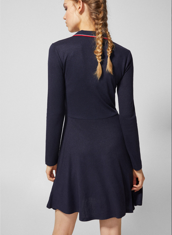 Springfield Fringe Detail Collar Woven Mini Dress, Small, Navy Blue