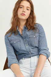 Springfield Long Sleeve Striped Denim Shirt for Women, 34 EU, Medium Blue