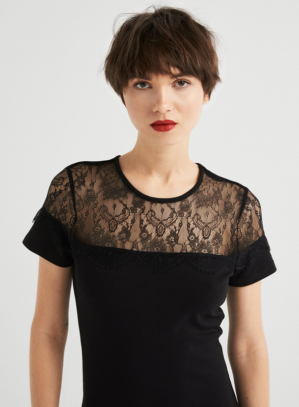 Springfield Lace Detail Short Sleeve Woven Mini Dress, Medium, Black