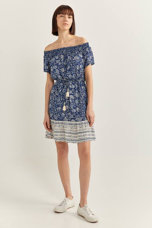 Springfield Off Shoulder Sleeve Floral Border Print Mini Dress, 38 EU, Blue