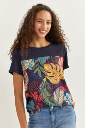 Springfield Short Sleeve Tropical Print T-Shirt for Women, Small, Blue