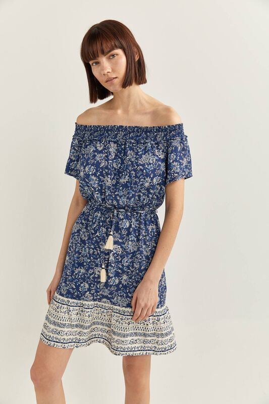 Springfield Off Shoulder Sleeve Floral Border Print Mini Dress, 38 EU, Blue