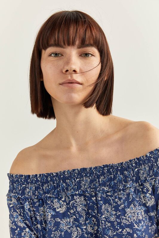 Springfield Off Shoulder Sleeve Floral Border Print Mini Dress, 38 EU, Blue
