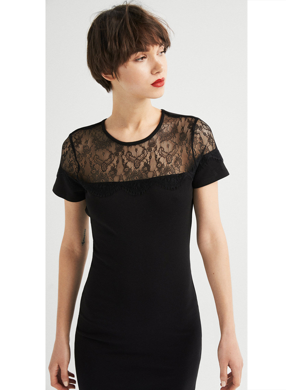 Springfield Lace Detail Short Sleeve Woven Mini Dress, Medium, Black