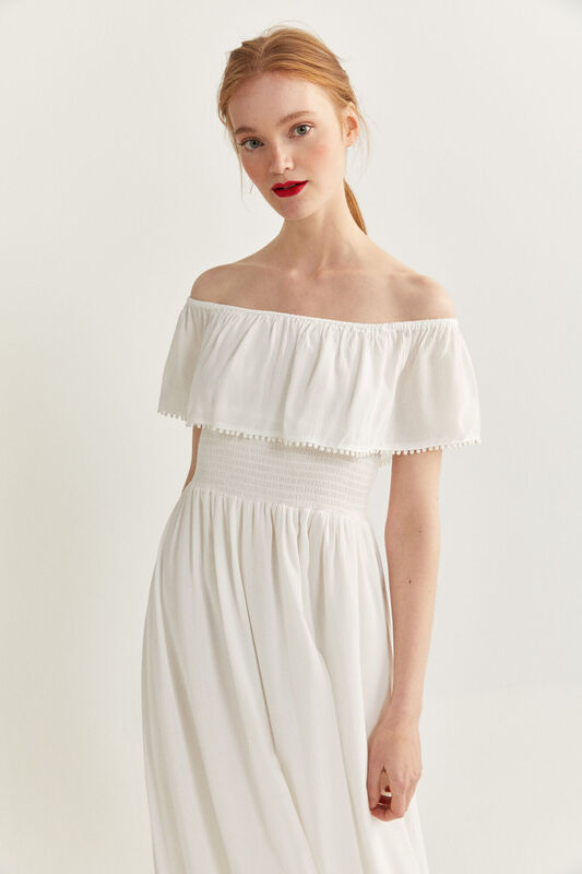 Springfield Off Shoulder Sleeve Flounced Cheesecloth Maxi Dress, 44 EU, White