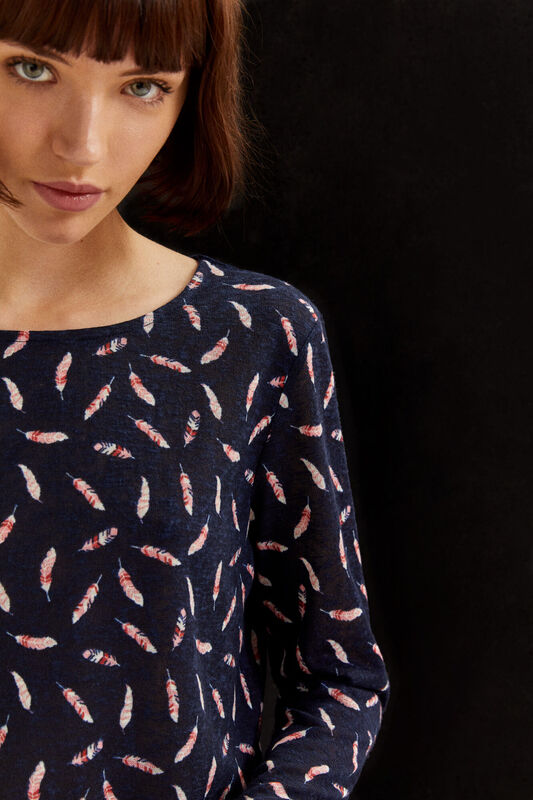 Springfield Long Sleeve Feather Printed T-Shirt for Women, Small, Blue