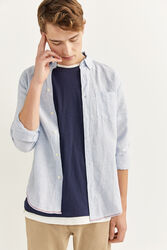 Springfield Long Sleeve Striped Pattern Linen Shirt for Men, Small, Medium Blue