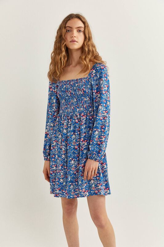 Springfield Long Sleeve Smock Mini Dress, 44 EU, Medium Blue