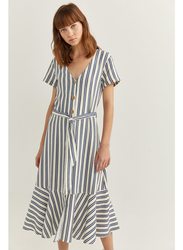Springfield Linen Printed Knitted Midi Dress, 40 EU, Medium Blue/White