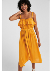 Springfield Frilled Details Knitted Midi Dress, 40 EU, Yellow