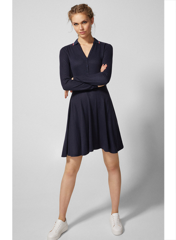 Springfield Fringe Detail Collar Woven Mini Dress, Small, Navy Blue