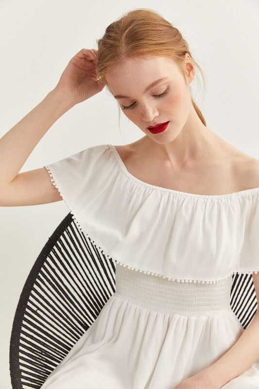 Springfield Off Shoulder Sleeve Flounced Cheesecloth Maxi Dress, 44 EU, White