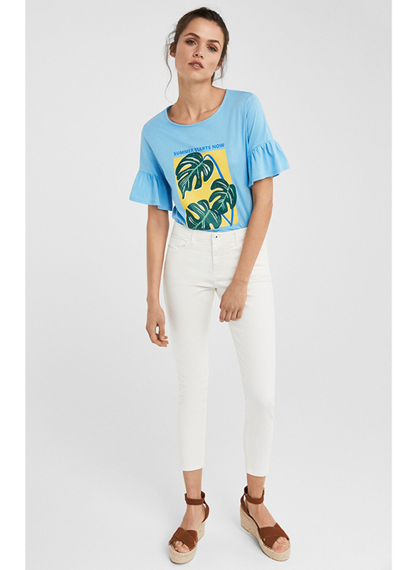 Springfield Short Sleeve Fancy Round Neck T-Shirt for Women, Medium, Medium Blue