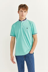 Springfield Short Sleeve Slim Fit Chambray Mandarin Collar Polo Shirt for Men, Extra Large, Green