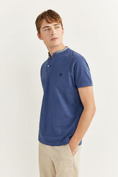 Springfield Short Sleeve Slim Fit Chambray Mandarin Collar Embroidered Logo Polo Shirt for Men, Small, Blue